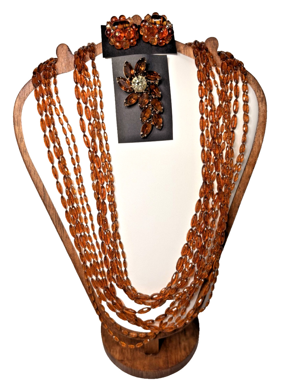 VTG Long Amber Color Beaded Flapper Multi Strand Necklace Earrings Brooch Lot